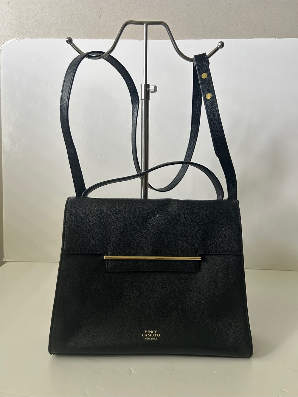 Vince Camuto Black Leather Crossbody Bag with Gold Bar Accent Minimalist